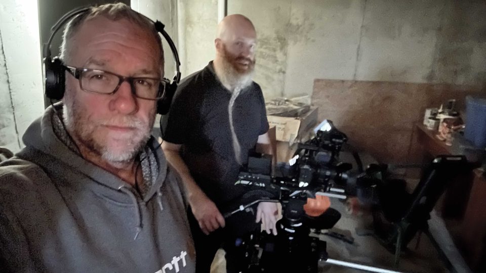 Director Dan Lennox and director of photography Nate Savidge with the camera rig.