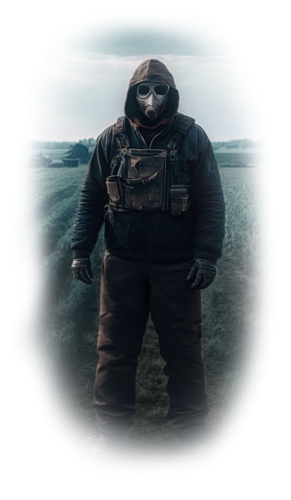 A masked, hooded figure stands alone in a wide field beneath a stormy sky, fading into shadow.