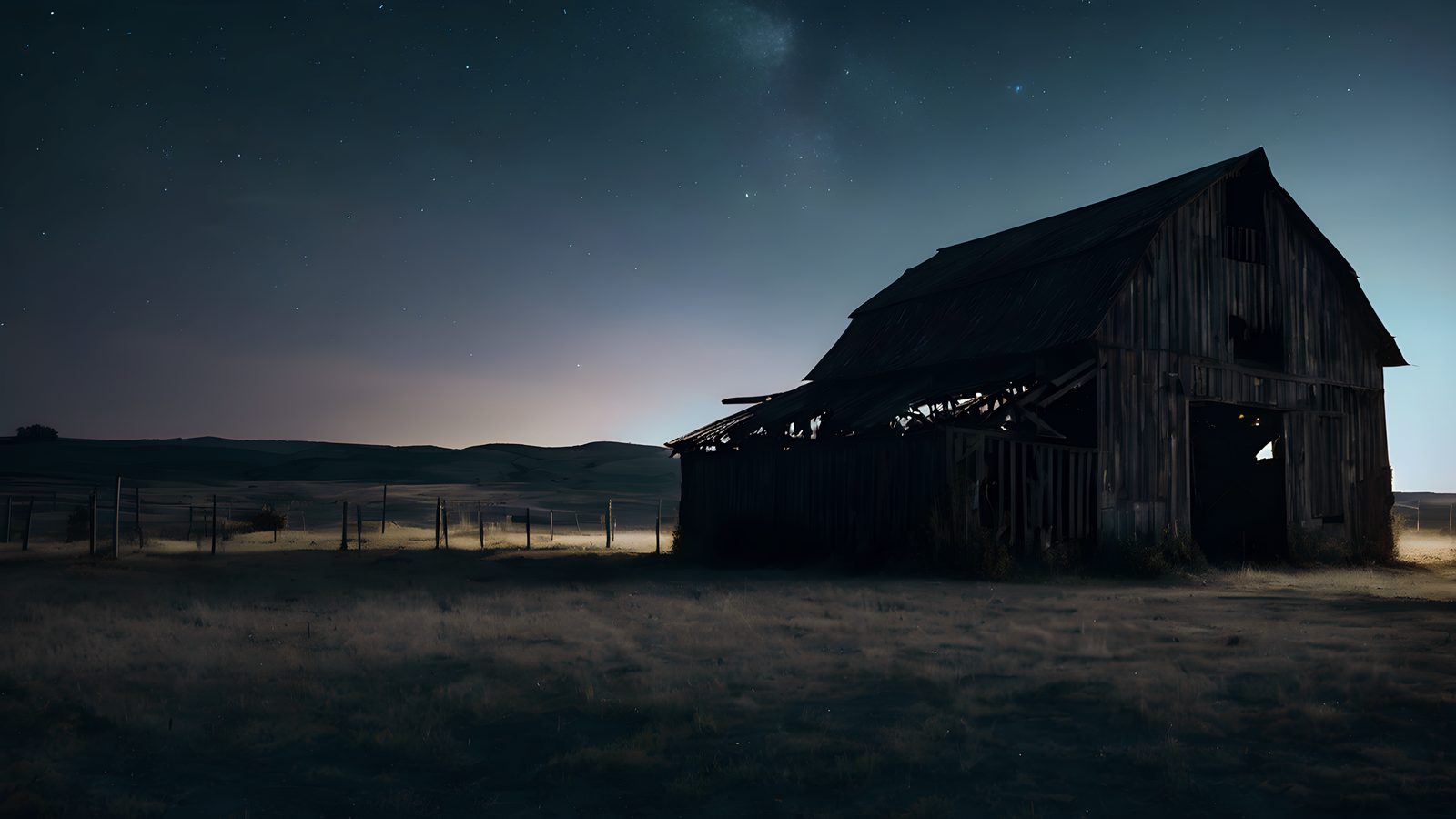 A lone barn stands under a starlit sky in the film's rural setting.