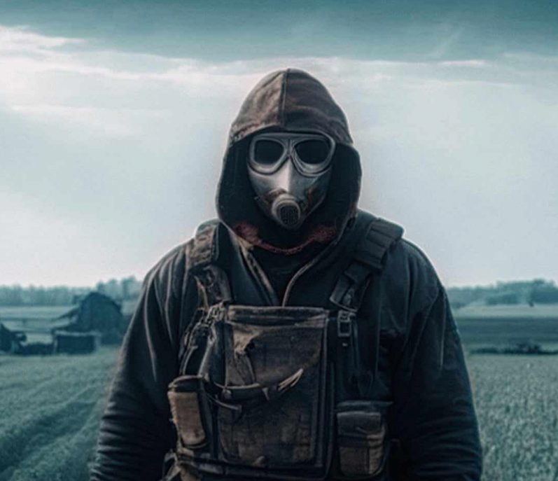 A figure in a hooded coat and gas mask stands in an open field.
